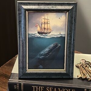 Framed Nautical Art with Ship and Whale